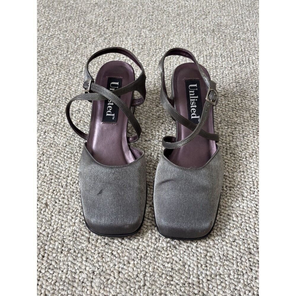 90s Gray Silver Block Heel Evening Shoes Size 7